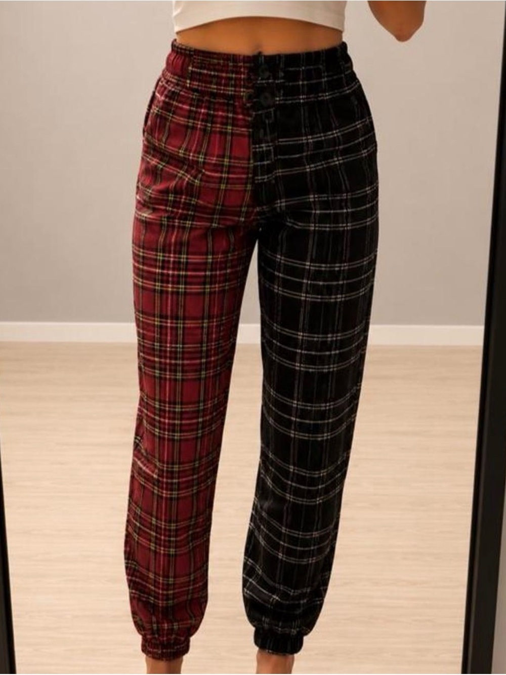 Plaid Two-Tone Jogger Pants - Red & green
